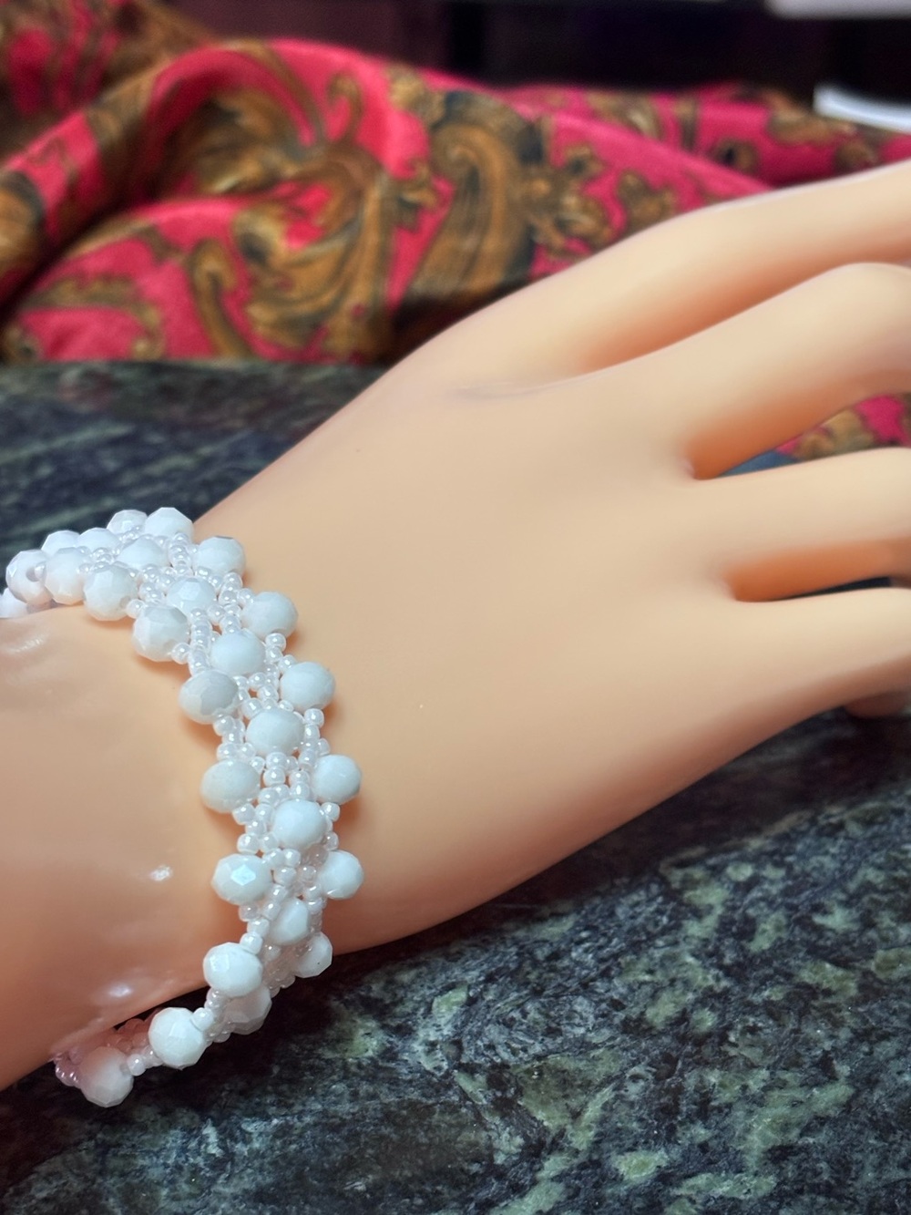 Handmade White Beaded Cluster Bracelet - 7.5-8 inches - Picture 3 of 8